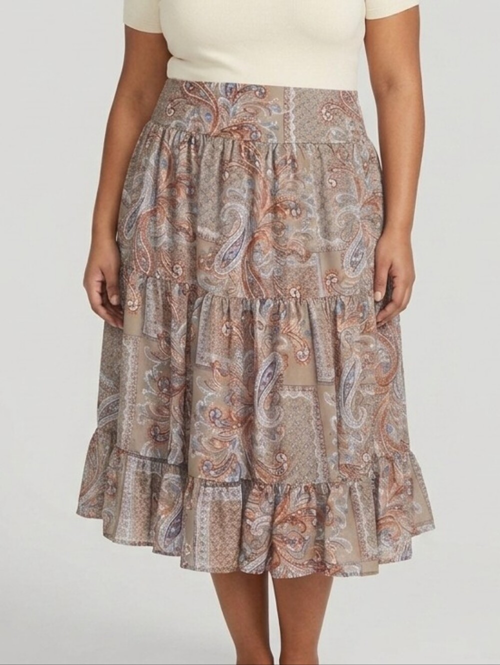 ​Natural Life Paisley Tiered Midi Skirt XL Smocked Waist Boho